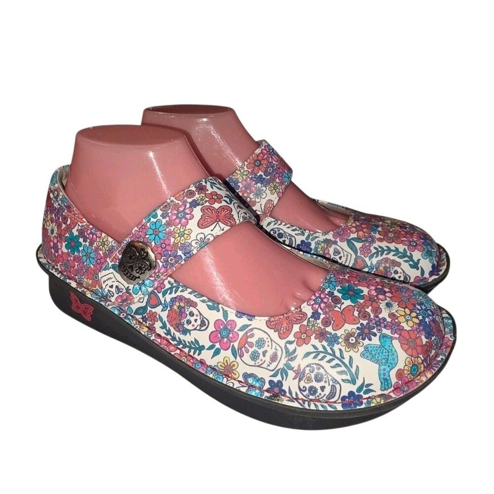 ALEGRIA PALOMA OFRENDA Sz 9US White AOP Sugar Skulls Mary Jane Casual Loafers